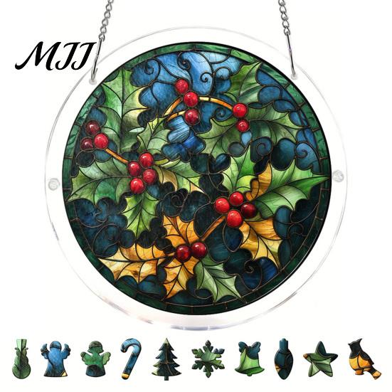 Decorative Garden Sun Catcher Christmas Acrylic Puzzle Suncatcher, Holiday Tree Snowman Stockings Red Bird Office Window Decoration Kit for