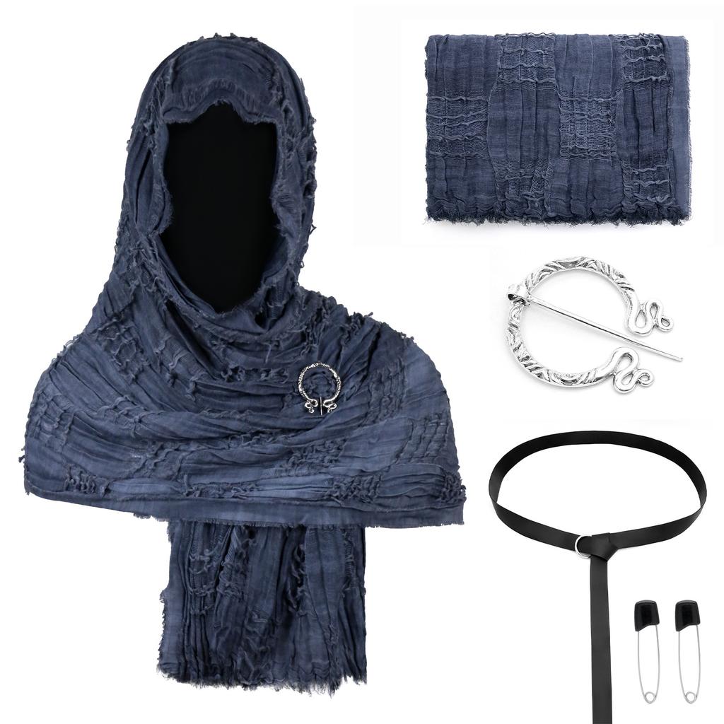 Medieval Hooded Cloak Scarf Set with Brooch and Belt for Cosplay Renaissance Festival Costume Accessories