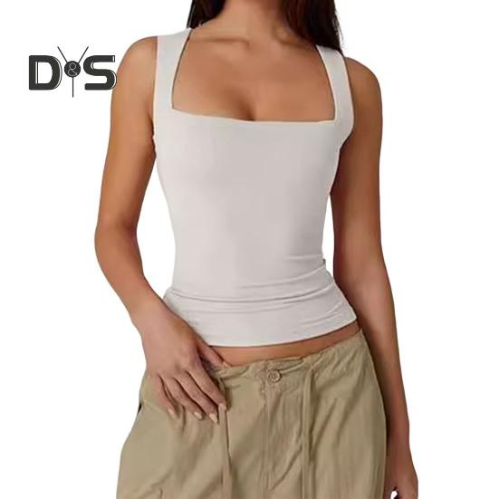 

Летний жилет женский однотонный квадратный воротник облегающий топ на бретелях широкие дышащие лямки жилет для повседневной носки S белый