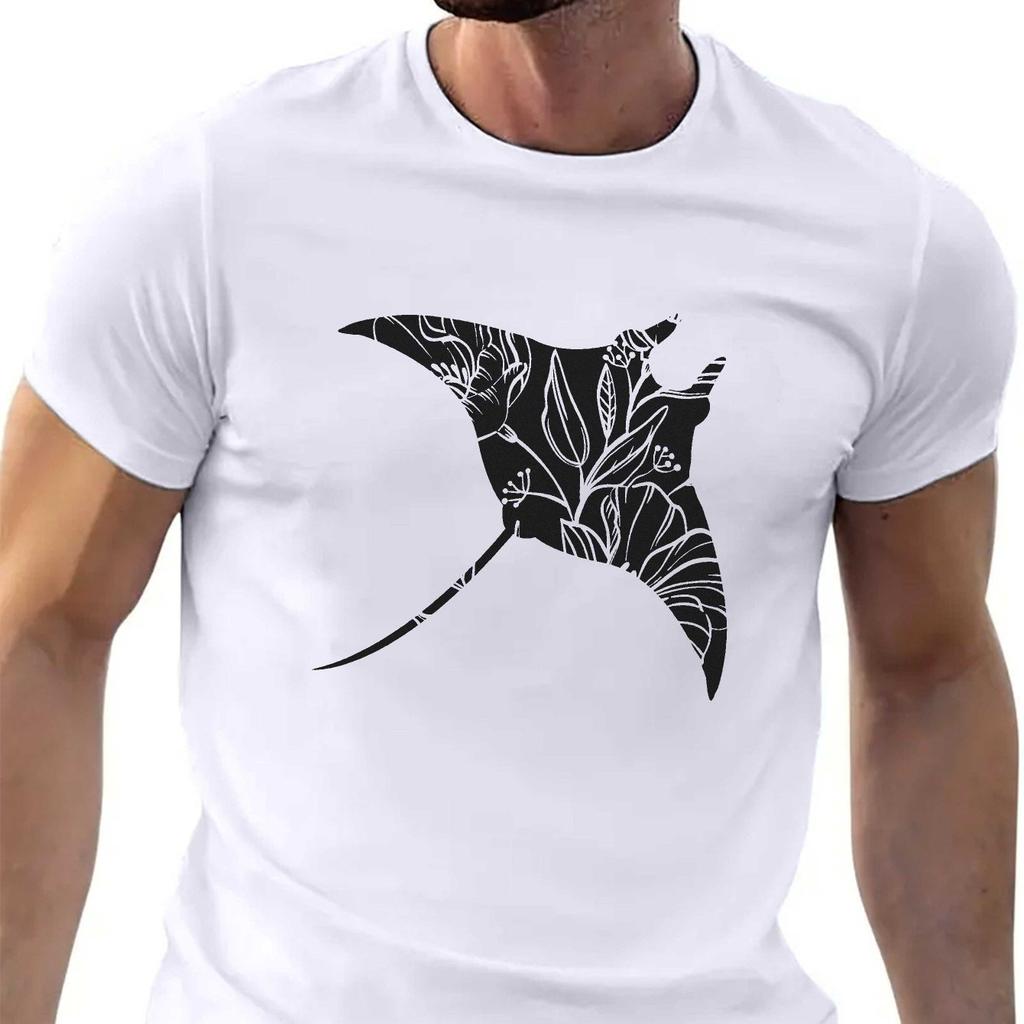 Manta Ray Floral Graphic Tee Men Short Sleeve Breathable Cotton Casual Summer TShirt