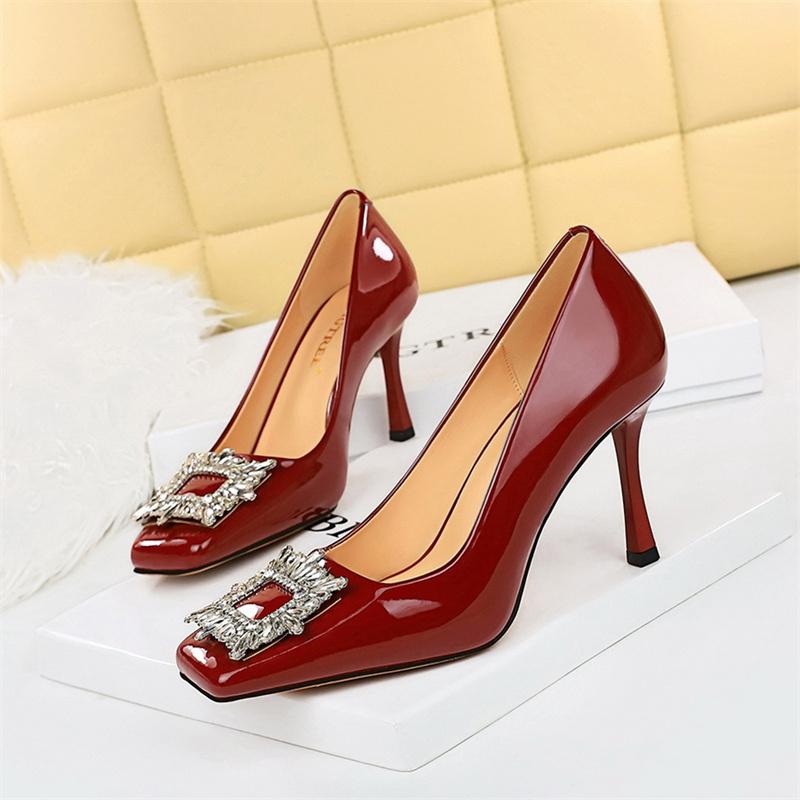 Fashion Elegant Women's Thin High Heels Shallow Mouth Cut Patent Leather Square Toe Metal Rhinestone Buckle Single Shoe