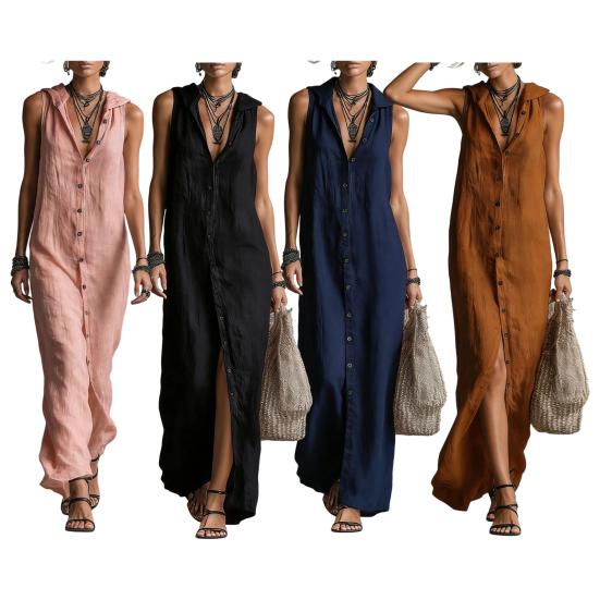 Hooded Sleeveless Maxi Dress for Women Button Down Casual Shirt Dress with Pockets Summer Beach Sweatshirt Long Dress