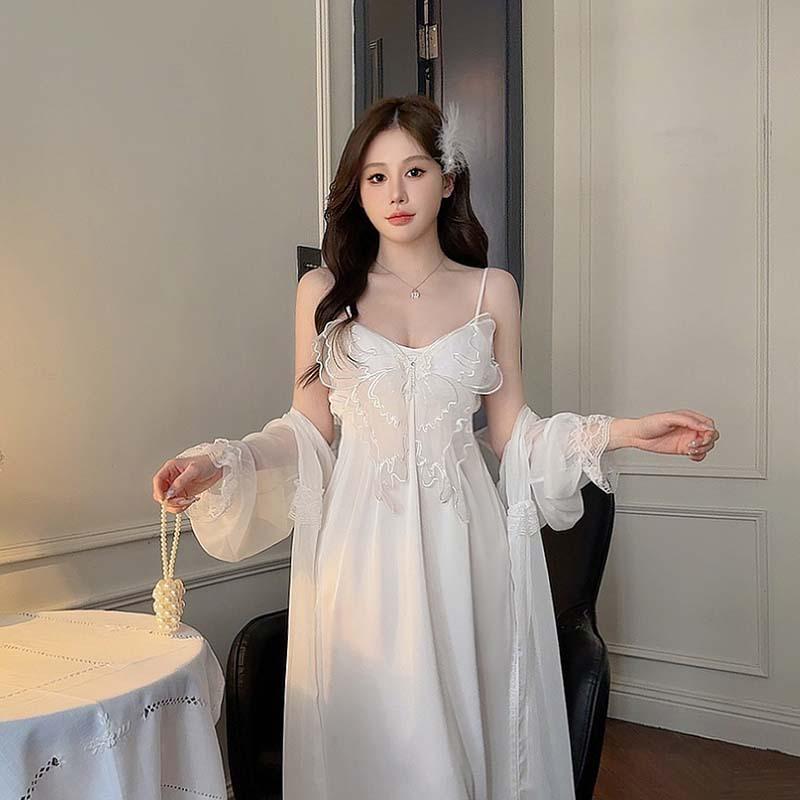 Women's Sexy Large Size Silk Suspender Pajama Set with Butterfly Crystal Sequins & Chest Pads