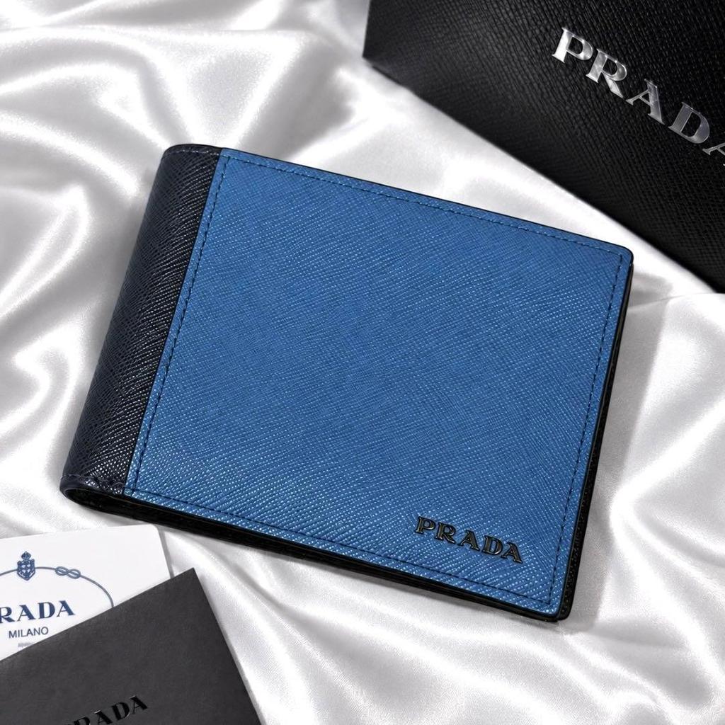 Used Excellent Condition Prada Bi-color Saffiano Leather Bifold Wallet, Blue X Navy