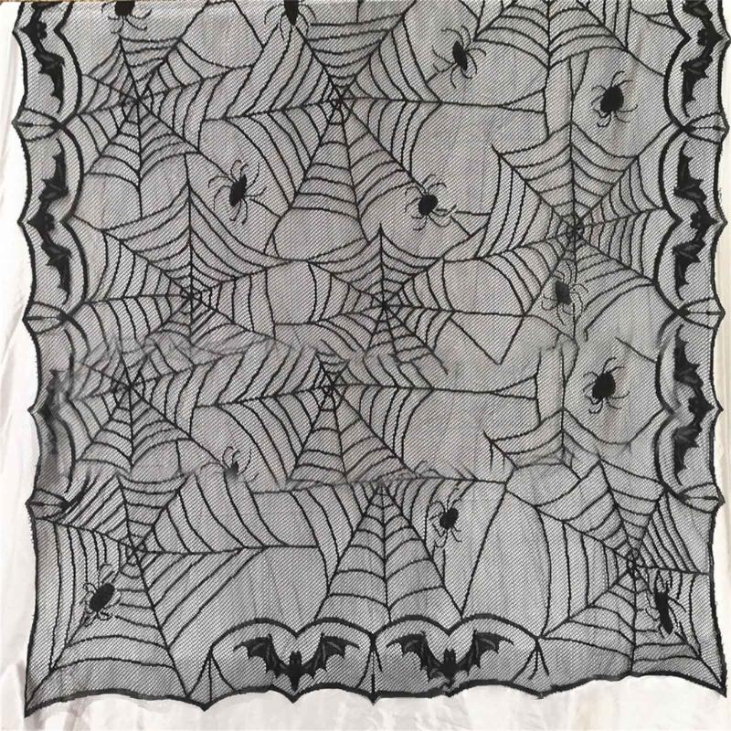 Scary Spiderweb Fabric Table Cloth Black Lace Table Cover With Spiderweb Bat Motifs For Home Decors Washable Table Cloth