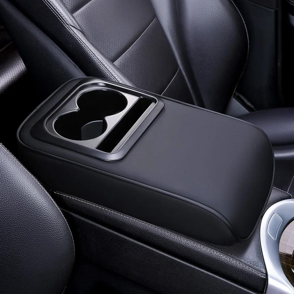 2 in 1 Car Armrest Cushion with Cup Holders, PU Leather Center Console Pad, Portable Height Adjustable Pillow for Comfort Suppor