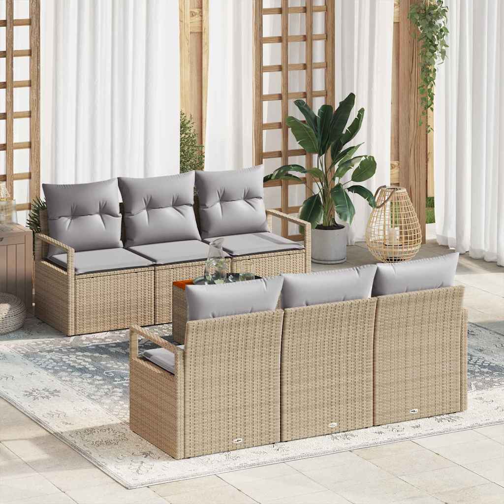 7 Piece Garden Sofa Set with Cushions Beige Poly Rattan