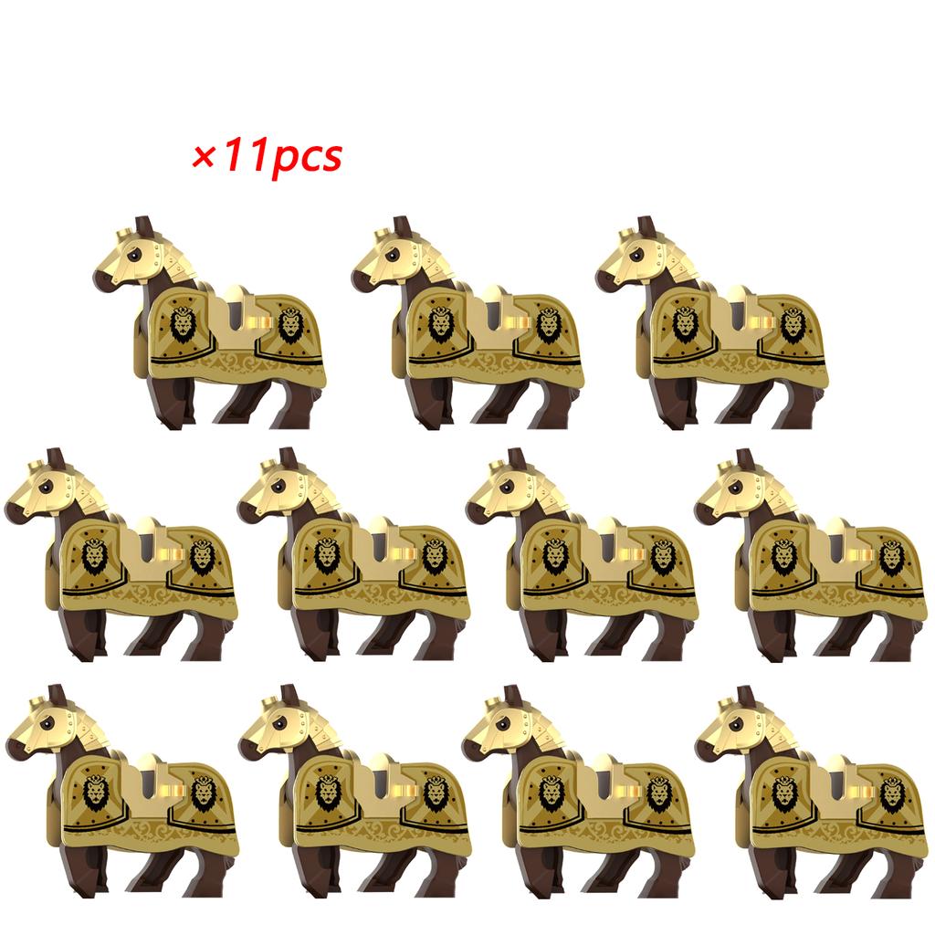 11 Stück Mittelalterliche Pferde Graue Körper Blaue Satteldecken Weiße Pferdeembleme Gelbe Verzierungen Baustein