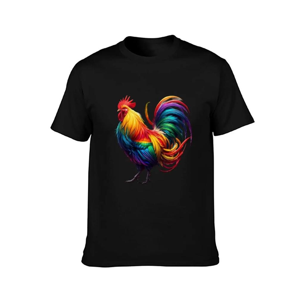 Rainbow Filled Rooster Cock T-Shirt Graphic Tee Shirt Anime Stuff Mens T Shirts Casual Stylish