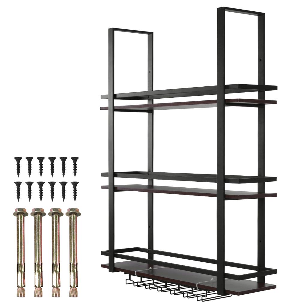 3 Tier Wall Mounted Bar Shelves Metal Hanging Wine Storage Rack Display with Glass Holder for Kitchen Dining Room Home Decor