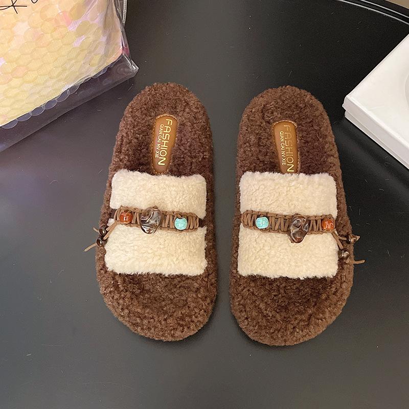 2025 New Autumn and Winter High-end Lamb Wool Thick-soled Wool Slippers for Women To Wear Super-hot Home Warm Cotton Slippers