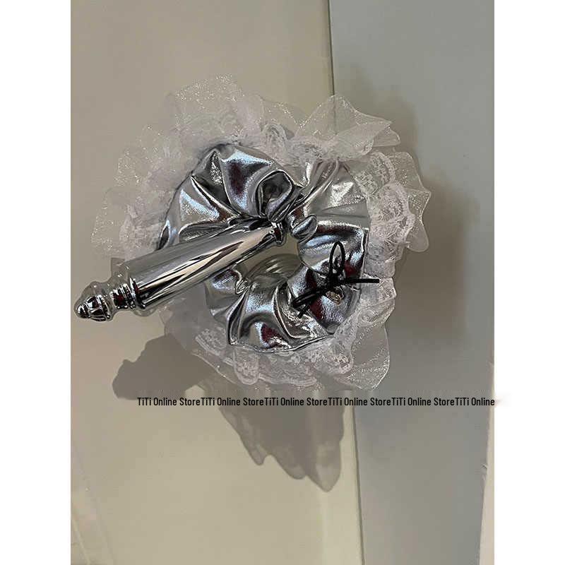 Ballet Style Bowknot Silver Hair Tie with Lace Trim