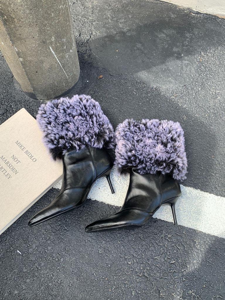 2025 autumn and winter new European and American fluffy high-heeled short boots pointed thin-heeled high-heeled women's boots