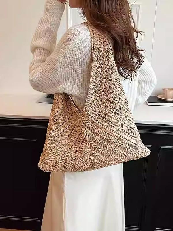 Hollow Hand-woven Bag Women's Leisure Large-capacity Straw Bag Seaside Vacation Shoulder Beach Bag Knitted Tote Bag