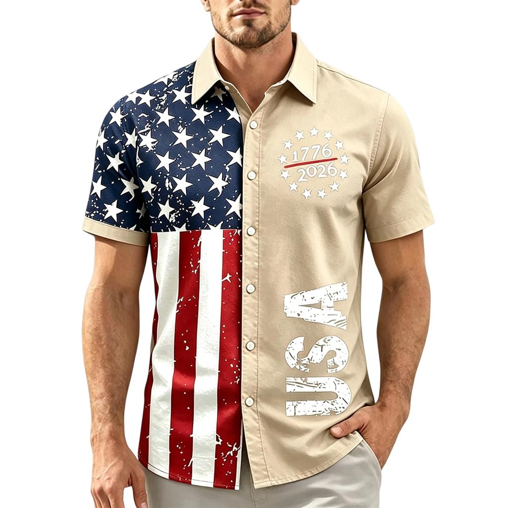 Men's Short Sleeve Collared Casual Shirt with USA Letter Print and Independence Day Theme Button Down Design for Spring Summer