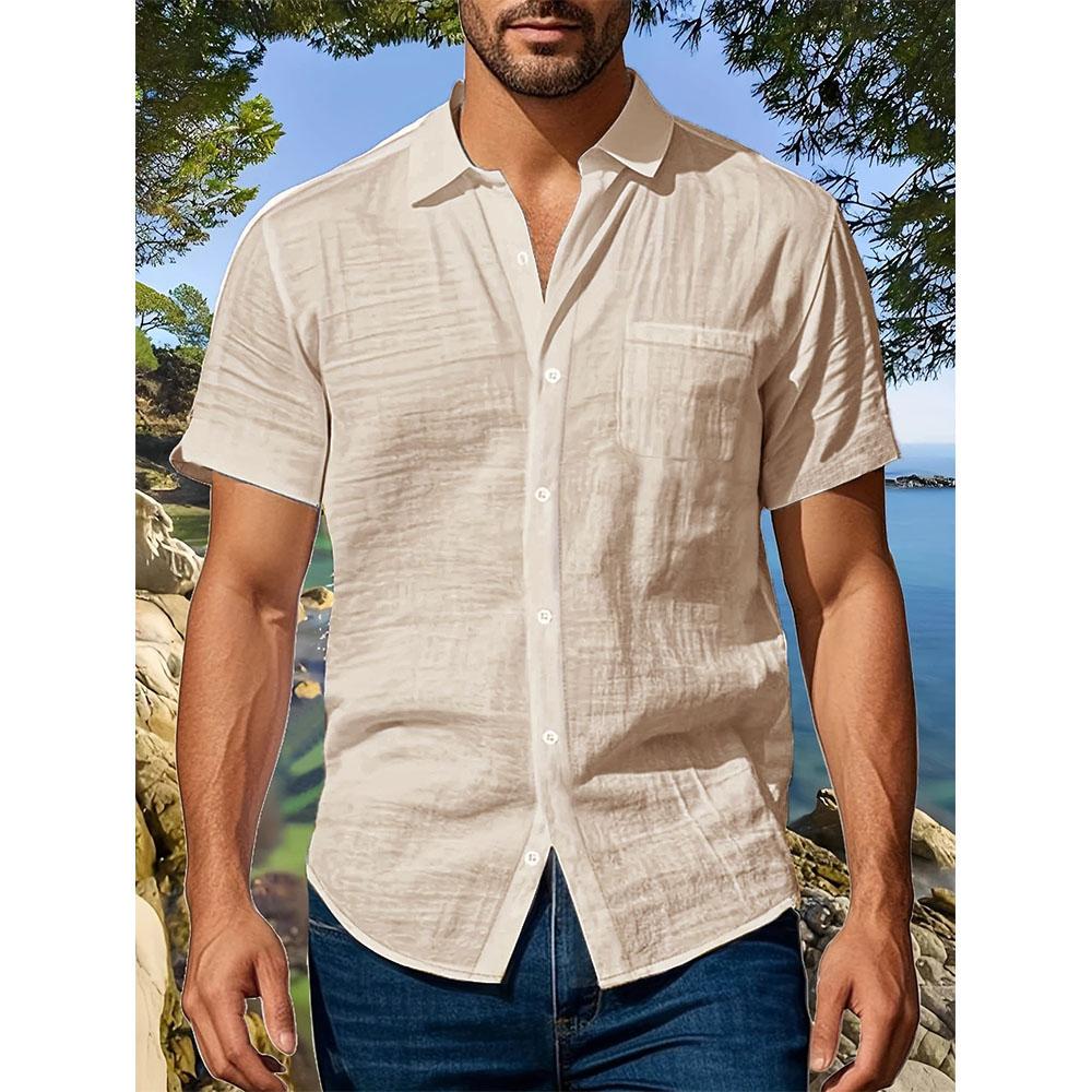 

Summer New Men s Short Sleeve Shirt Cotton Linen Lightweight Breathable Cozy Casual Lapel Collar Simple Style Shirts S бежевий