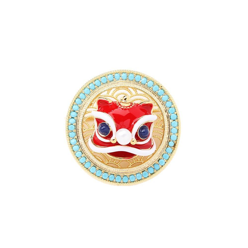 Guofeng new Chinese style oil dripping lion brooch geometric diamond-encrusted blue animal pin rotatable male and female same corsage