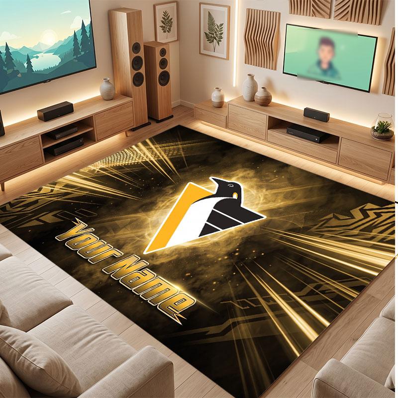 Pittsburgh Penguins Personalized Crystal Velvet Carpet, Customized Name Text Soft Anti‑Slip Rug for Living Room Bedroom