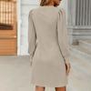 Womens Puff Long Sleeve Dress Casual Knit Crewneck Knee Length Dresses With Pockets