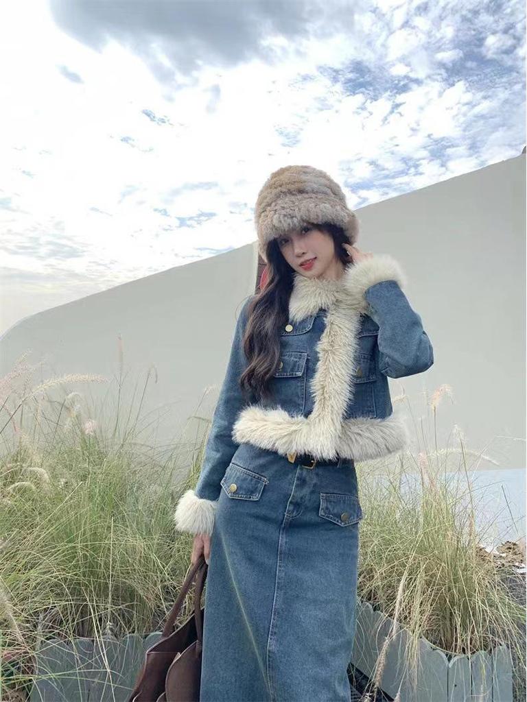 Korean Drama Inspired Retro Denim Fluffy Coat & Long Skirt Two-Piece Set