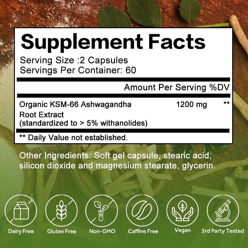 Premium KSM-66 Ashwagandha Kapseln 1200mg zur Entspannung und Stressbewältigung Unterstützung 120 Kapseln