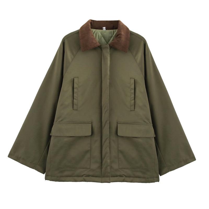 

Women s Retro Winter Cotton-Padded Coat with Spliced Collar M армія зелений колір