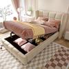 Cama Estofada 90 x 200 cm, Cama Infantil com Estrado de Ripas, Cabeceira e Sistema de Arrumação Pneumático, Estrutura de Linho, Crianças e Adolescentes, Bege