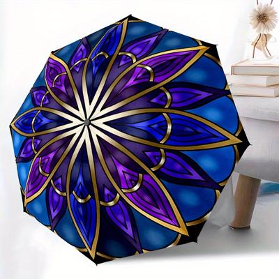1pc Stained Glass Mandala Automatic Open/close Folding Umbrella, Compact Portable Travel Umbrella, Perfect Birthday/Christmas, Cute Umbrella