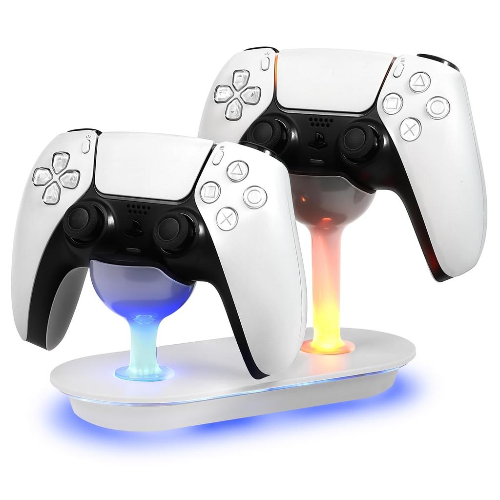 EGGSLINER GAMES PS5 Controller Charging Simultaneous Charge for Two DualSense Fast LED Indicator PlayStation 5 White Stand, Controllers, Compatible,