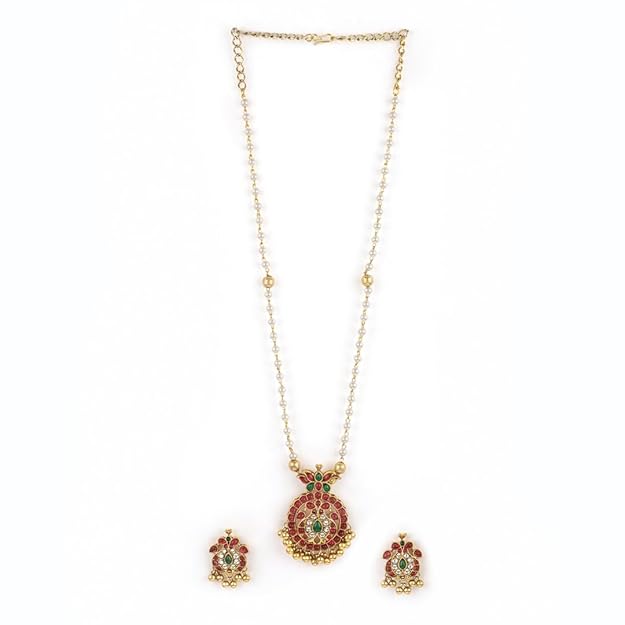 

Gold-Plated Handcrafted Artificial Jewelry Set with Ruby, White Emerald Studs & Gold-White Beads with Earrings Onesize