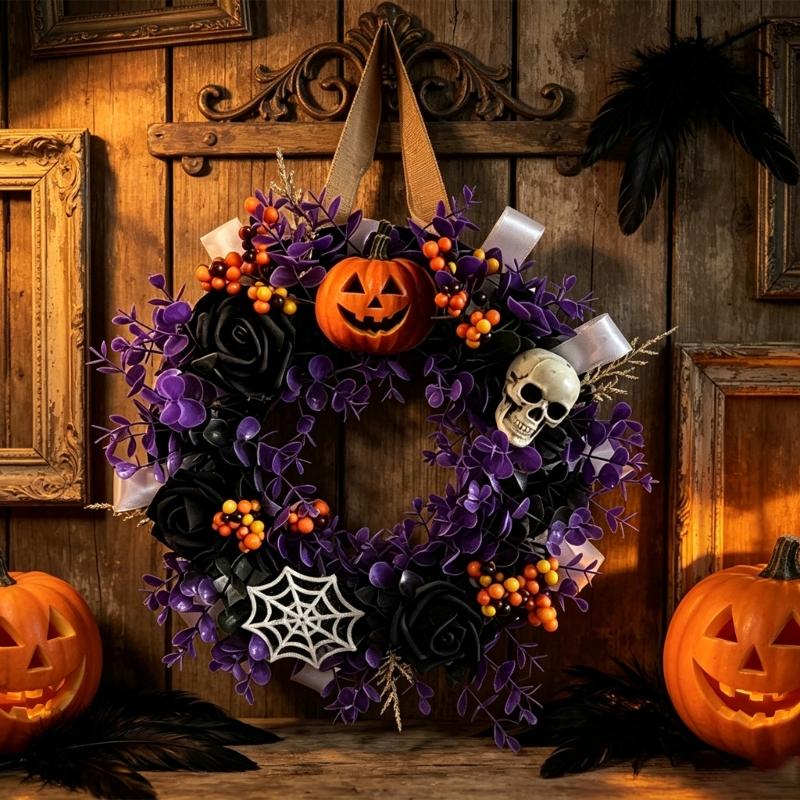 Artificial Flower Halloween Wreath Artificial Pumpkin Skull Spiderweb Wreath Hanging Decoration for Front Door Wall or Party Display