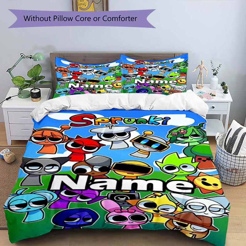 3pcs Duvet Cover Set (1*Duvet Cover + 2*Pillowcase, Without Core), Custom Name Sprunki Game Pattern Bedding Set, Home Bedroom Decor Gift