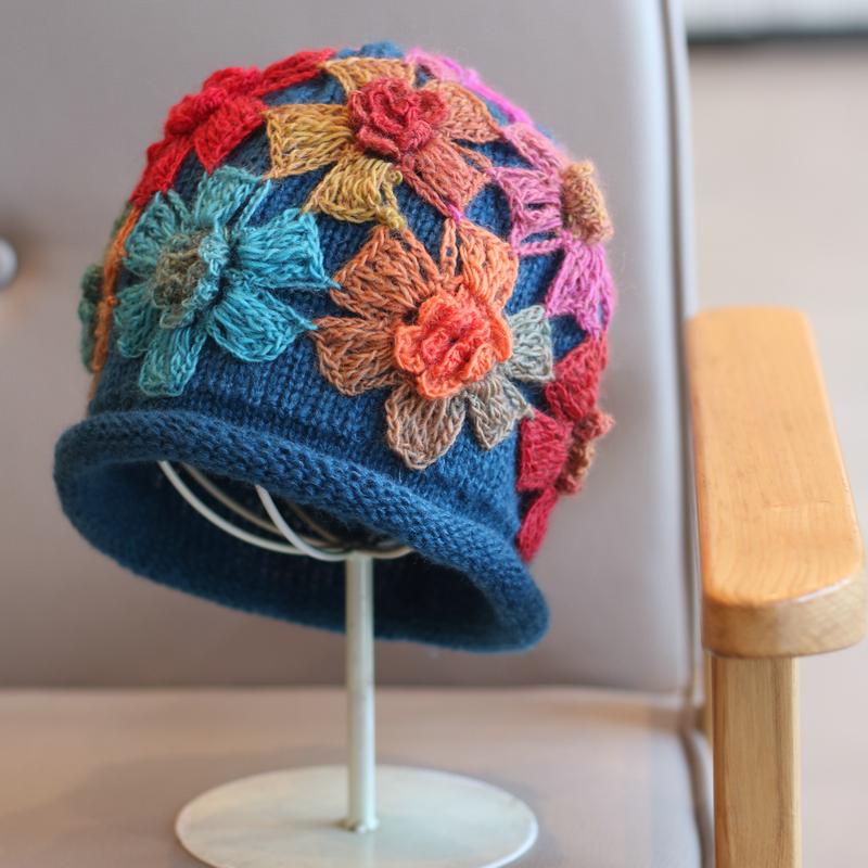 Hat Fan Gradual Change Wool Line Ethnic Style Colorful Flowers Hand Hook Pile Bag Head Hat Retro Elegant Autumn and Winter Warmth