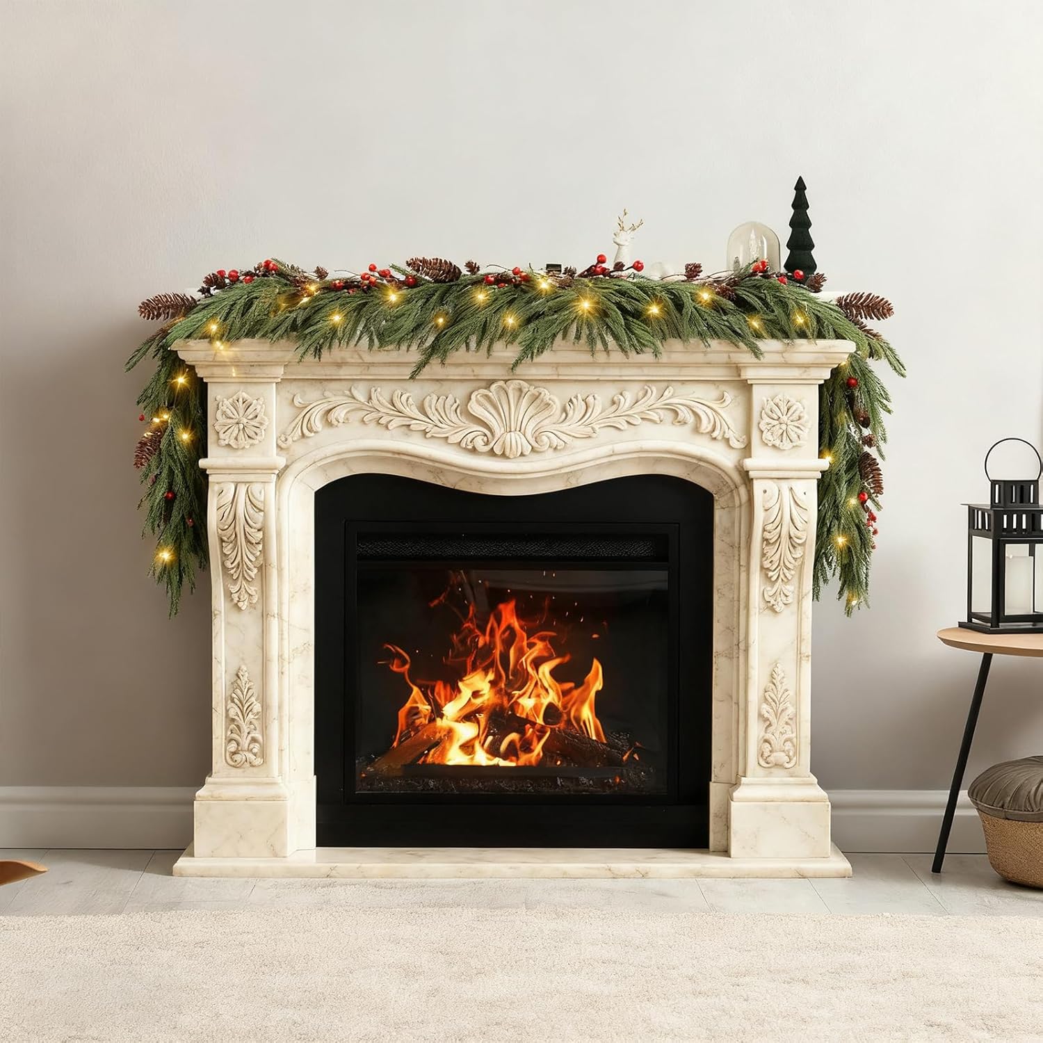 

9FT Pre-Lit Artificial Christmas Garland with 100 LED Lights - Battery Operated Flocked Garland for Mantle, Stairs, Fireplace, I зелений