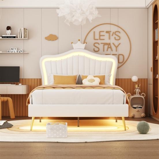 Single Bed Crown Shape Children with Headboard LED Light Heavy Princess Duty Strong Carrying Capacity Girl Bedroom Furniture Upholstered