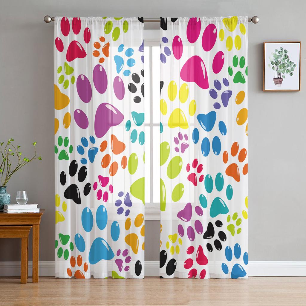 Cartoon Dog Footprints Bones Animals Sheer Curtains for Living Room Modern Voile Curtain Bedroom Tulle Curtains Window Drapes