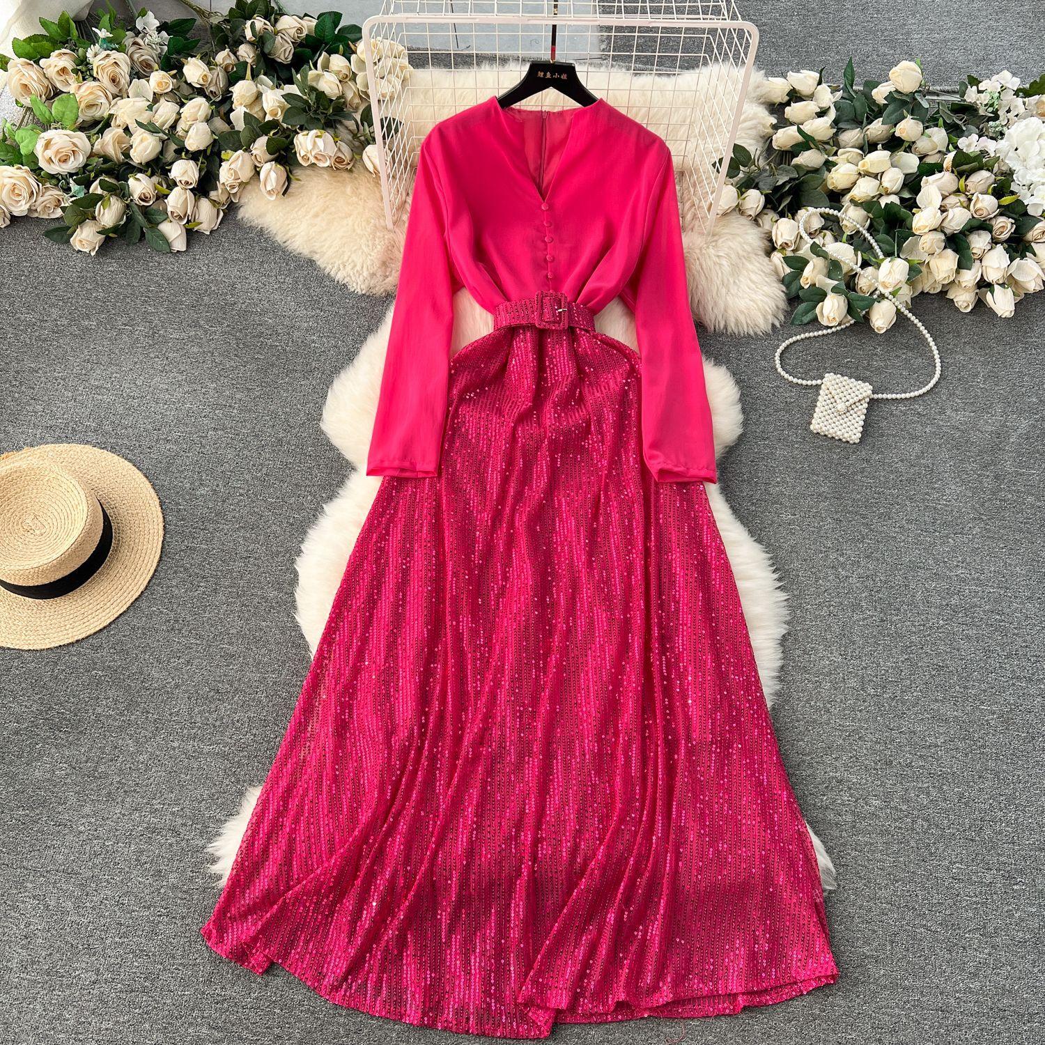 

Женское модное винтажное элегантное платье А-силуэта, весеннее платье с V-образным вырезом, имитация двух частей, с длинными рукавами, лоскутное платье с пайетками для вечеринки и отпуска One Size ярко-розовый