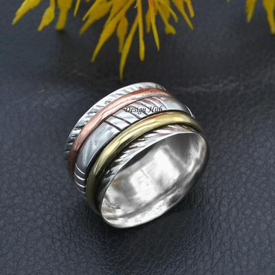 Three Tone Spinner Ring 925 Sterling Silver! Spinner Rings For Women! Spinner Ring Meditation Ring Handmade Spinner Ring Spinning Ring