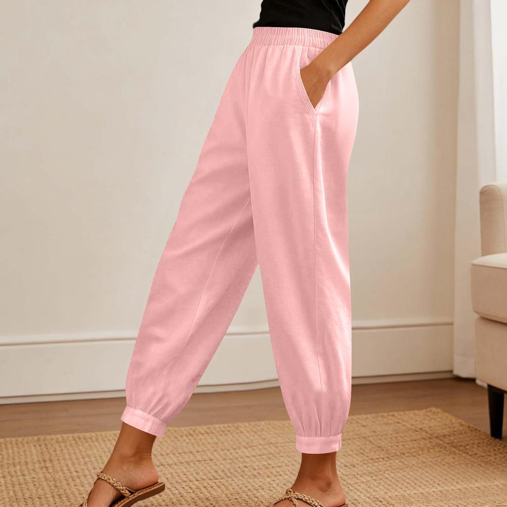 Women's Fashionable Color High Waisted Pocket Cotton Linen Daily Casual Pants