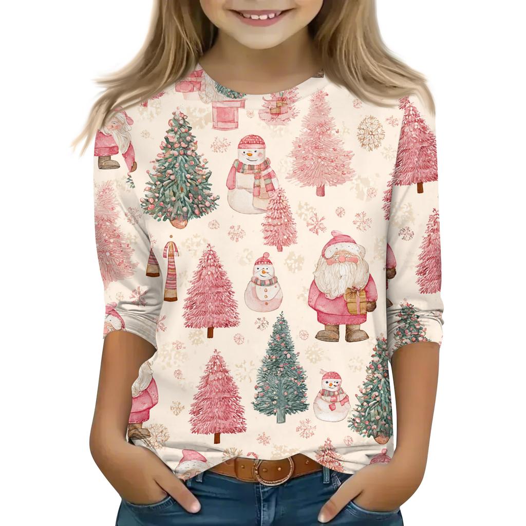 Vánoční potisk Topů pro dospívající dívky 4-11 let Kulatý výstřih 3/4 rukávy Módní topy Outfit Trička