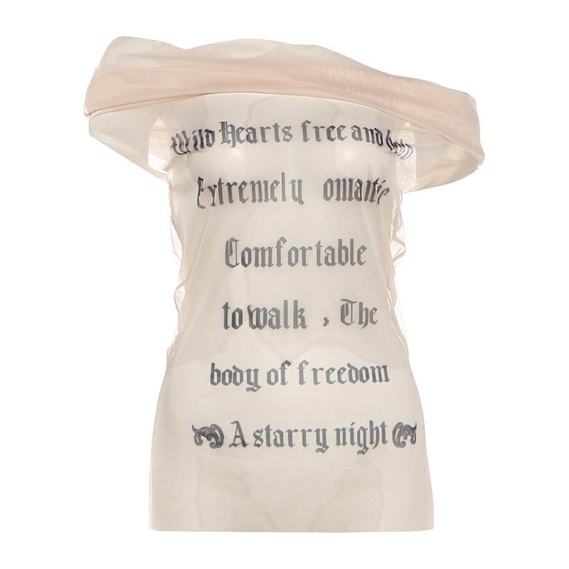 Spring and summer new women s clothing fashionable and sexy mesh perspective letter printing shoulder top women S абрикосовый