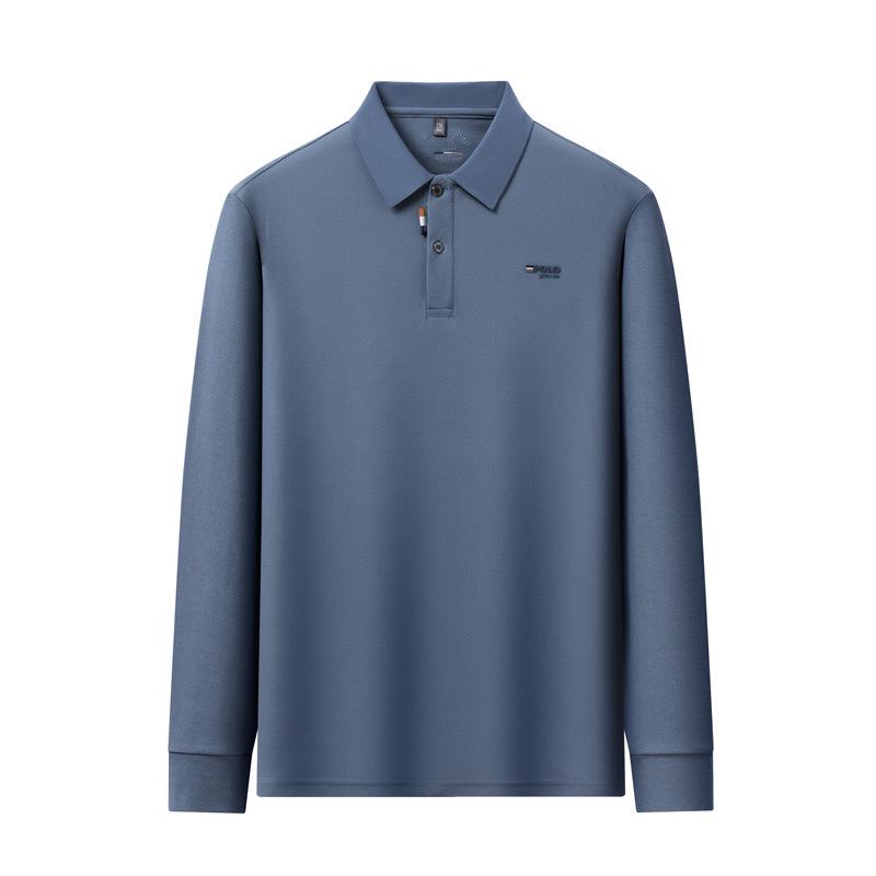 Polo homme Douyin automne en coton - Col rabattu, manches longues, couleur unie, coupe décontractée