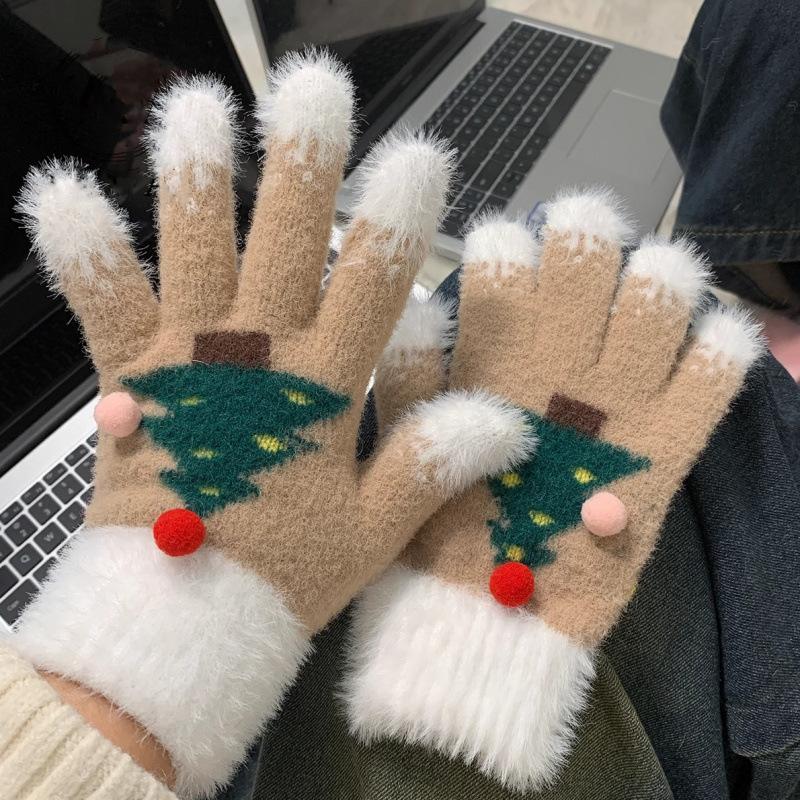 Snowflake Christmas Tree Gloves For Women Winter Plush Warm Thick Gloves Touch Screen Fluffy Fur Cycling Gloves Student Gifts