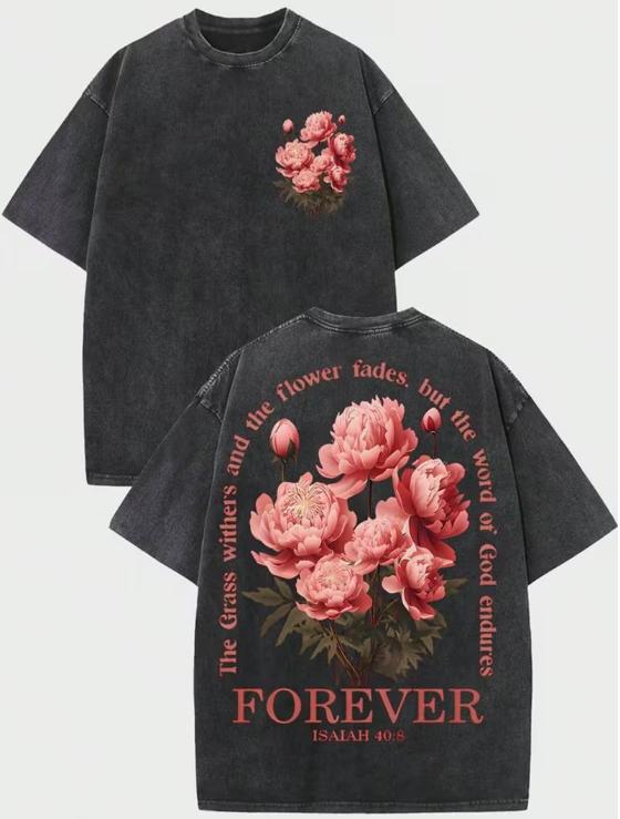 

Vintage Washed Peony Floral TShirt Christian Bible Verse Print Tee Oversized Short Sleeve Streetwear Unisex Casual Top S