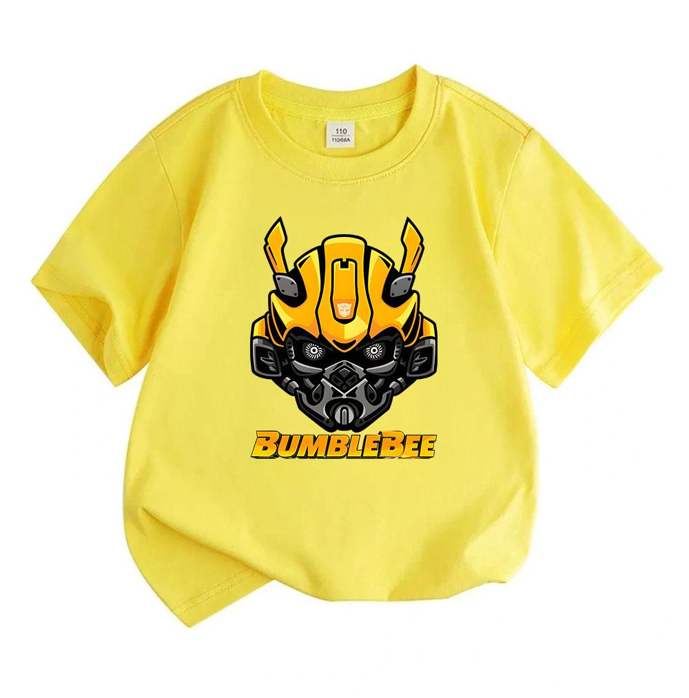 Kids Boys Girls Casual Crew Neck Short Sleeve T-Shirt, Cool Bumblebee Mecha Graphic 100% Cotton Soft Breathable Tee, Summer Daily Wear Tops for 3-12 Y