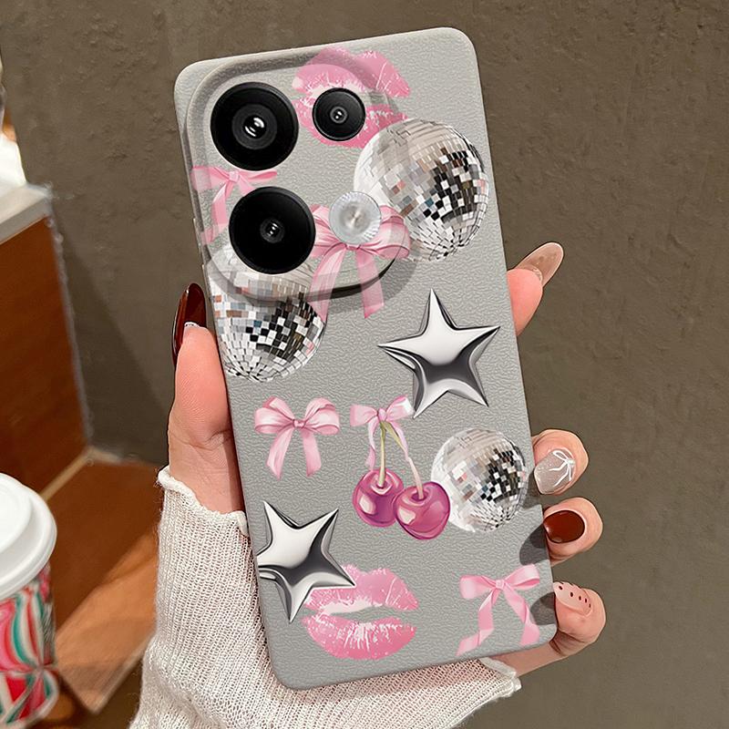 Cherry Bowknots Lips Disco Ball Pattern Case Xiaomi 14T 13T 11T Pro Leather Texture Silicone Cover Funda For Redmi Note 14 13 Pro 4G 5G 12 11