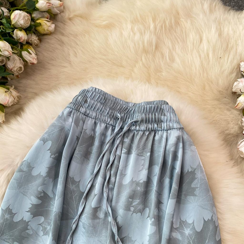 High Quality Ink-wash Acetate Satin Tie-Dye Rayon Wide-Leg Pants for Women Summer High-Waisted Slimming Loose-Fit Trousers