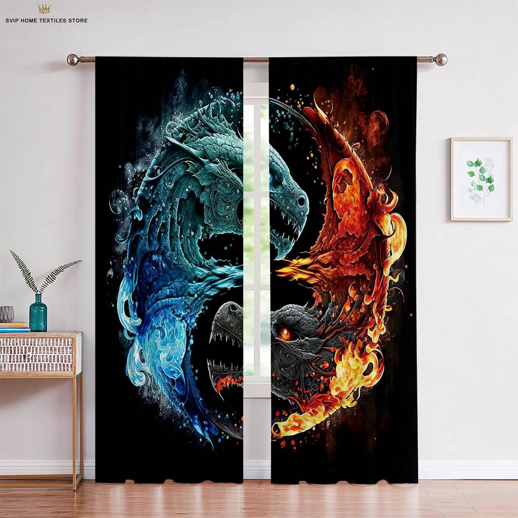 Creative Printed Curtains for Bedroom, 2-Piece Set of Water, Fire, Tai Chi and Two-Pole, Living Room and Kitchen Decorations
