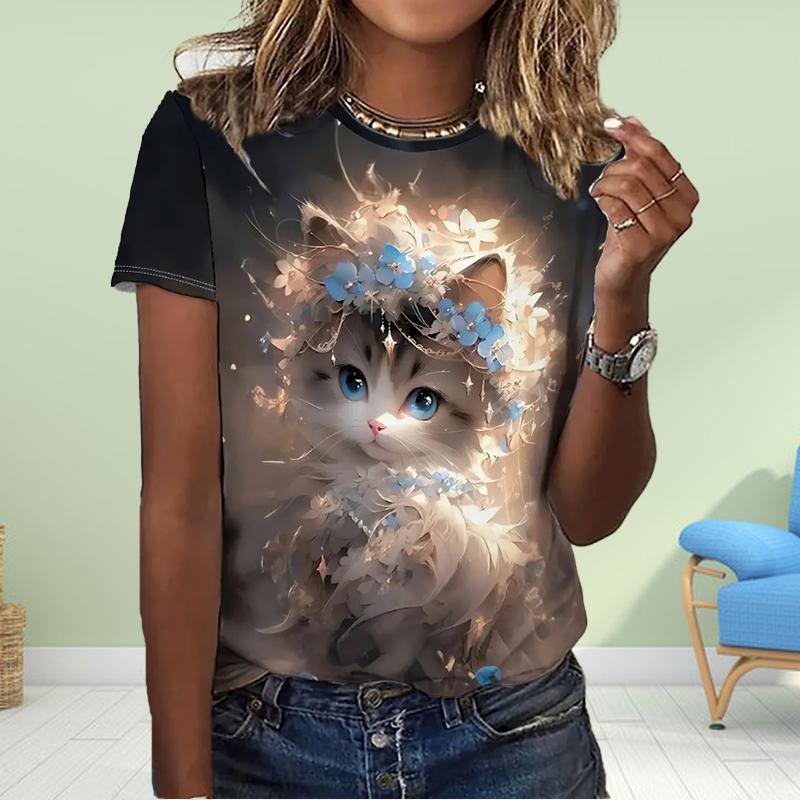 

Модная женская футболка с принтом кота в виде чернил, забавная повседневная футболка с круглым вырезом и короткими рукавами, летняя женская футболка 8XL бежевый