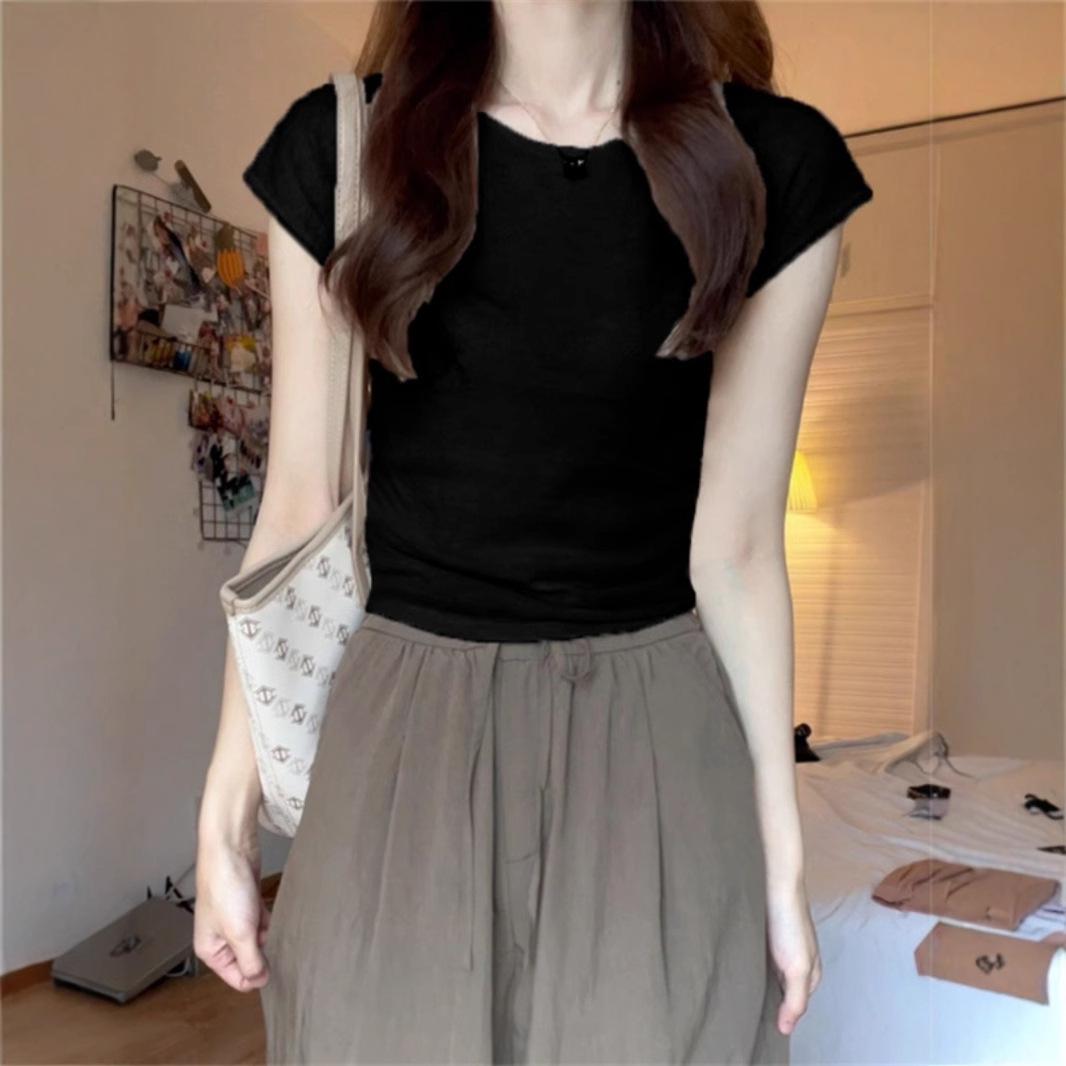 

Women s Short-Sleeve Fly-Sleeve Knit T-Shirt - Slim Fit, Pure Cotton, Summer Top S